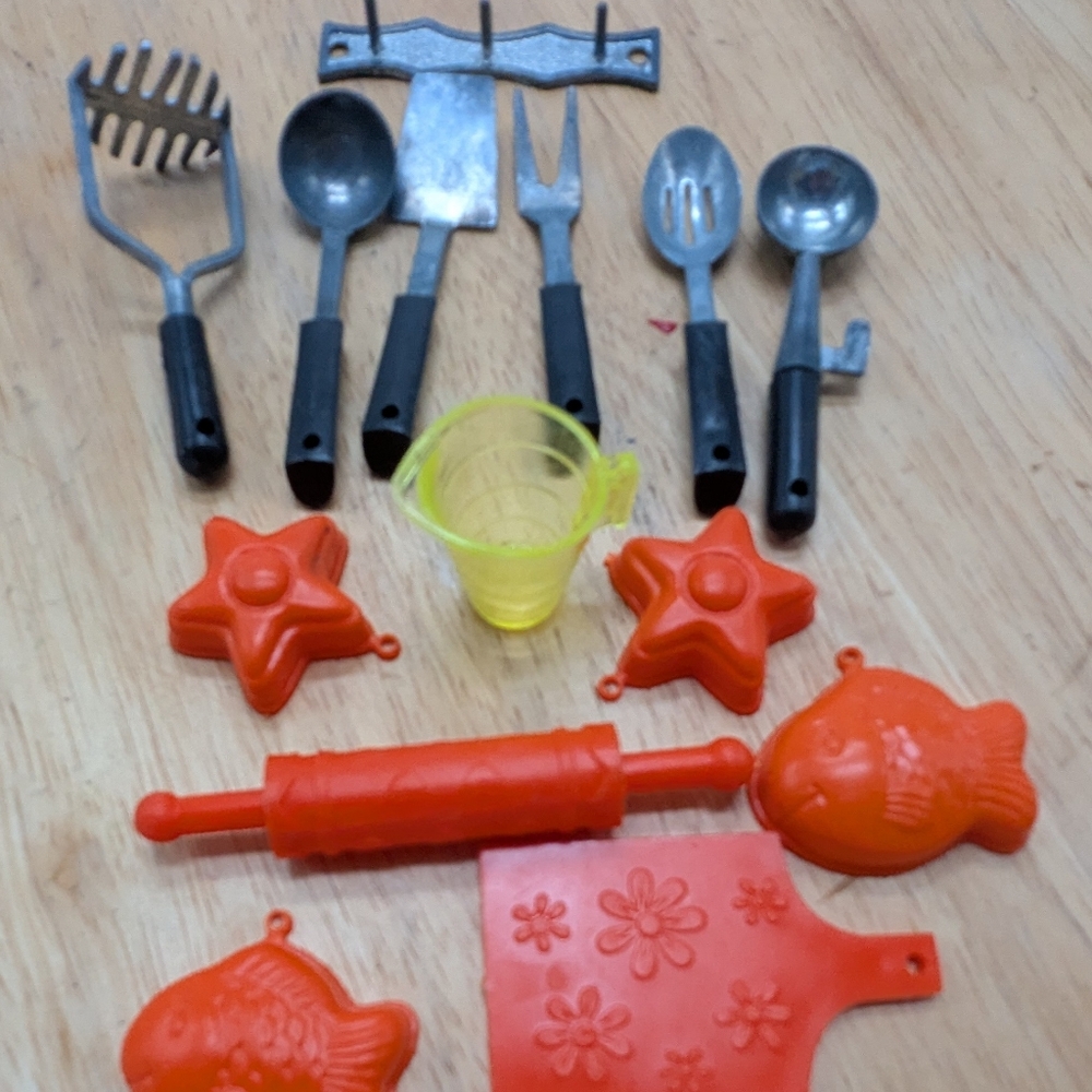 Vibrant Orange and Yellow Doll Kitchen Utencils Set 14 Pcs